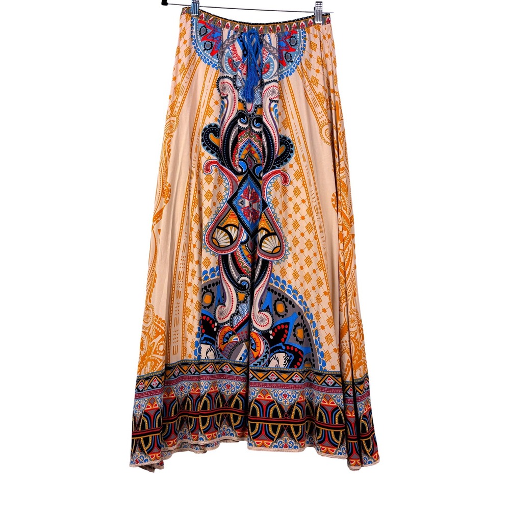 Flying Tomato Womens Maxi Skirt Large Tan Boho Paisley Medallion Tassel IK6038